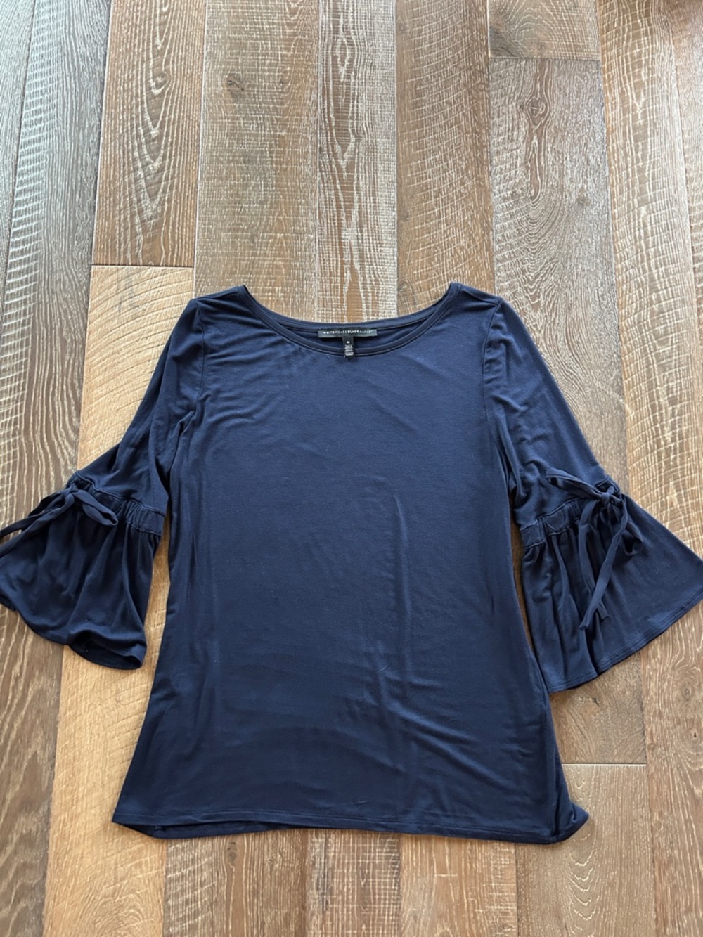 White House Black Market Navy Bell Sleeve Tie-Accent Top